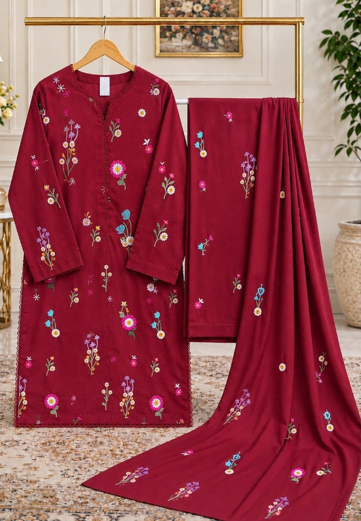 Aneels Original Dhanak Embroidered Stitched 3PC Suit | Amina’s Collection