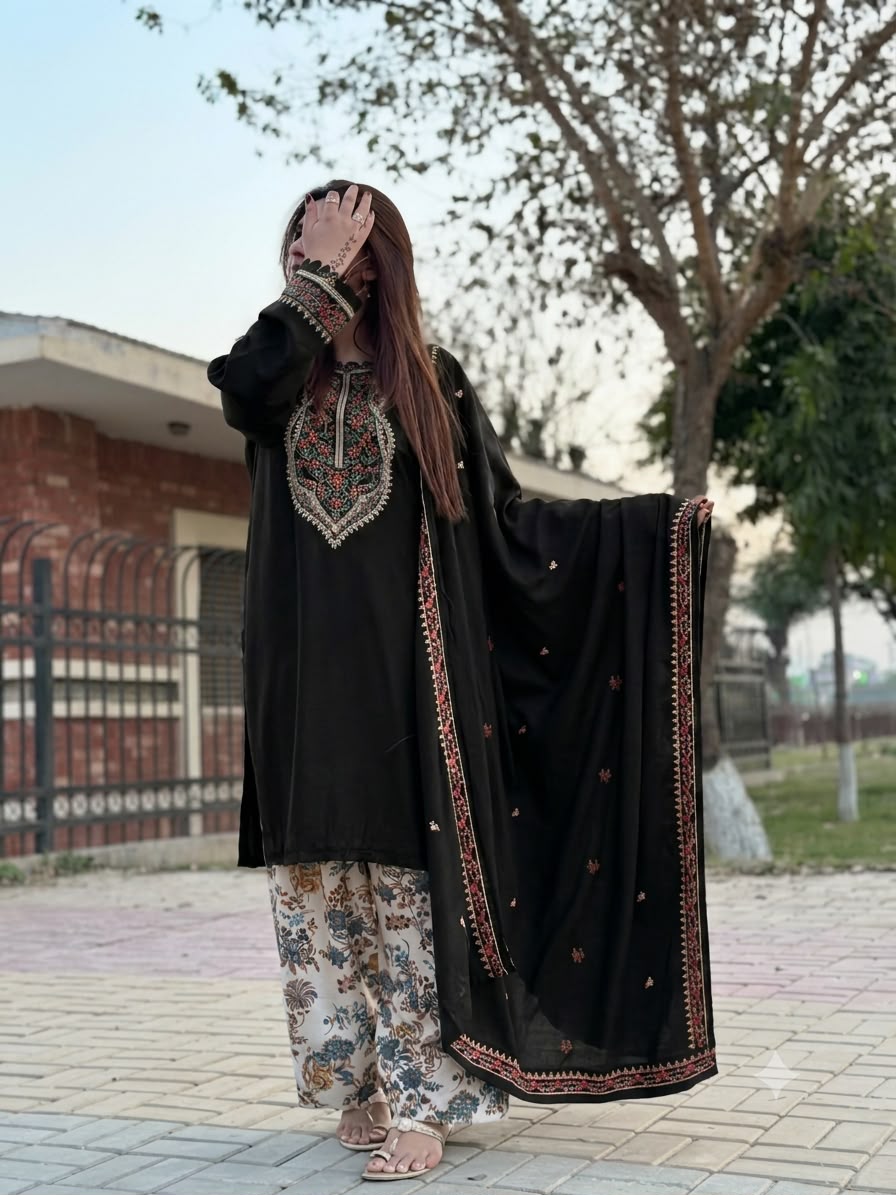 Aneel’s Luxury Embroidered Dhanak 3-Piece Winter Suit