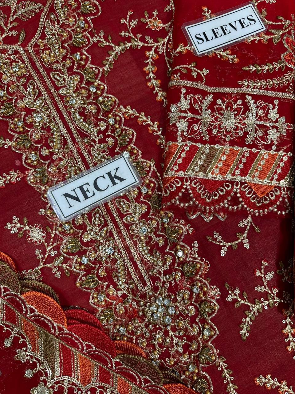 MARIA B Red & Maroon Chiffon Embroidery!Amina's collection