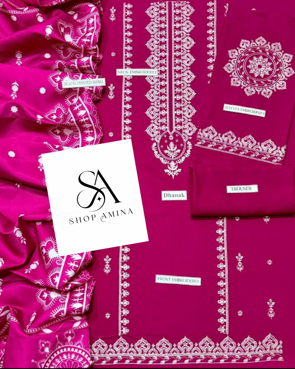 ANEELS Embroidered Dhanak Suit with Shawl!Amina's collection