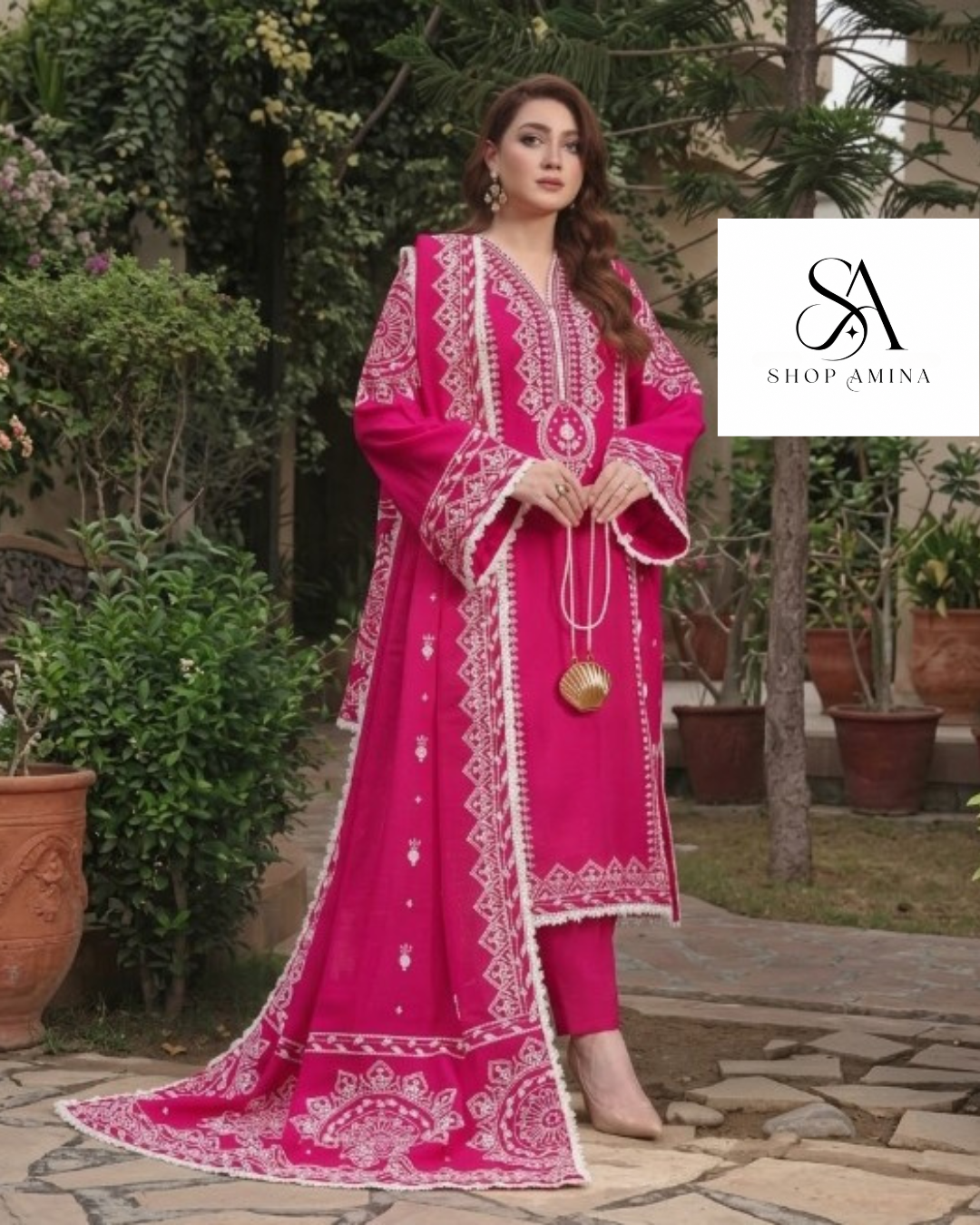 ANEELS Embroidered Dhanak Suit with Shawl!Amina's collection