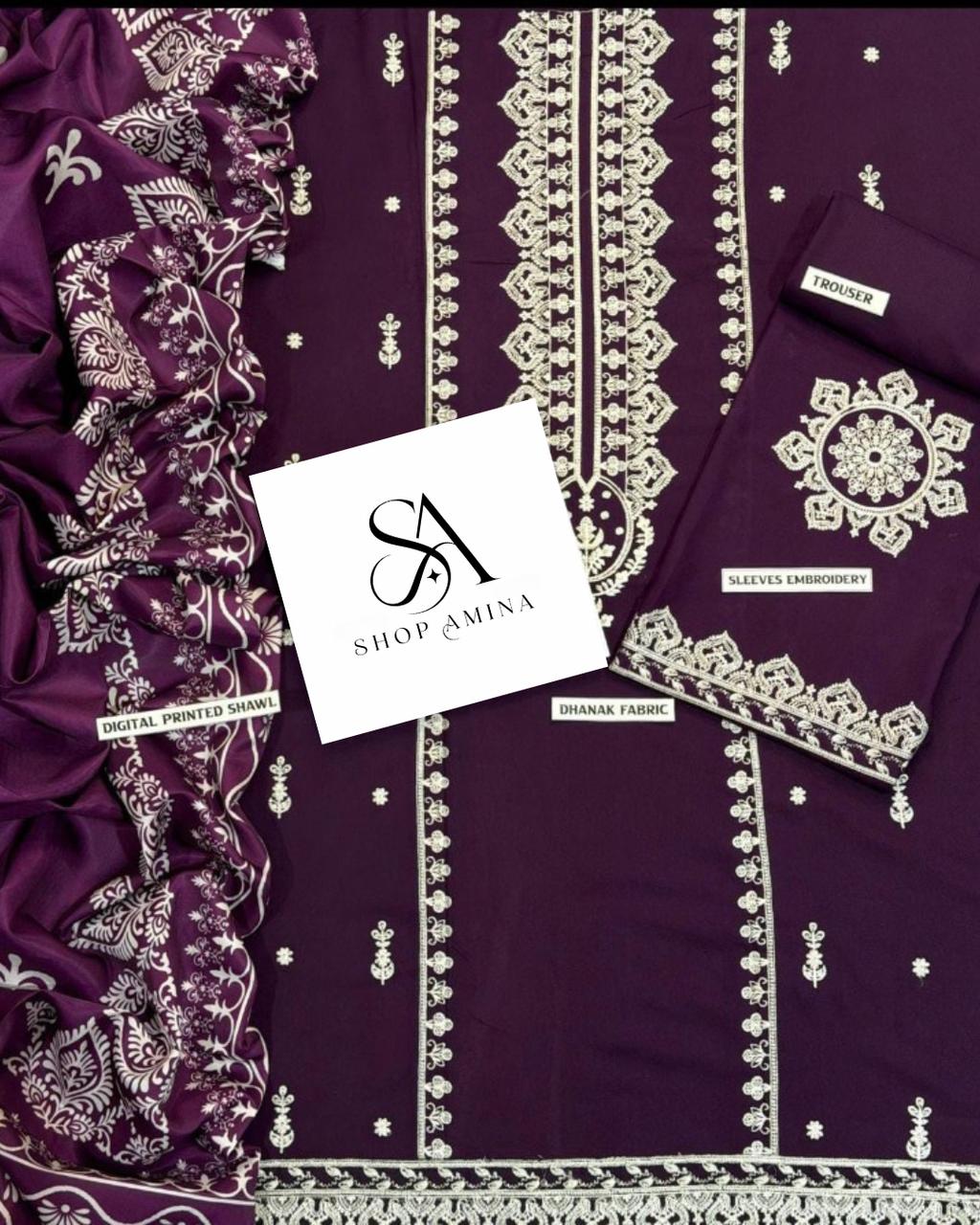 ANEELS Embroidered Dhanak Suit with Shawl!Amina's collection