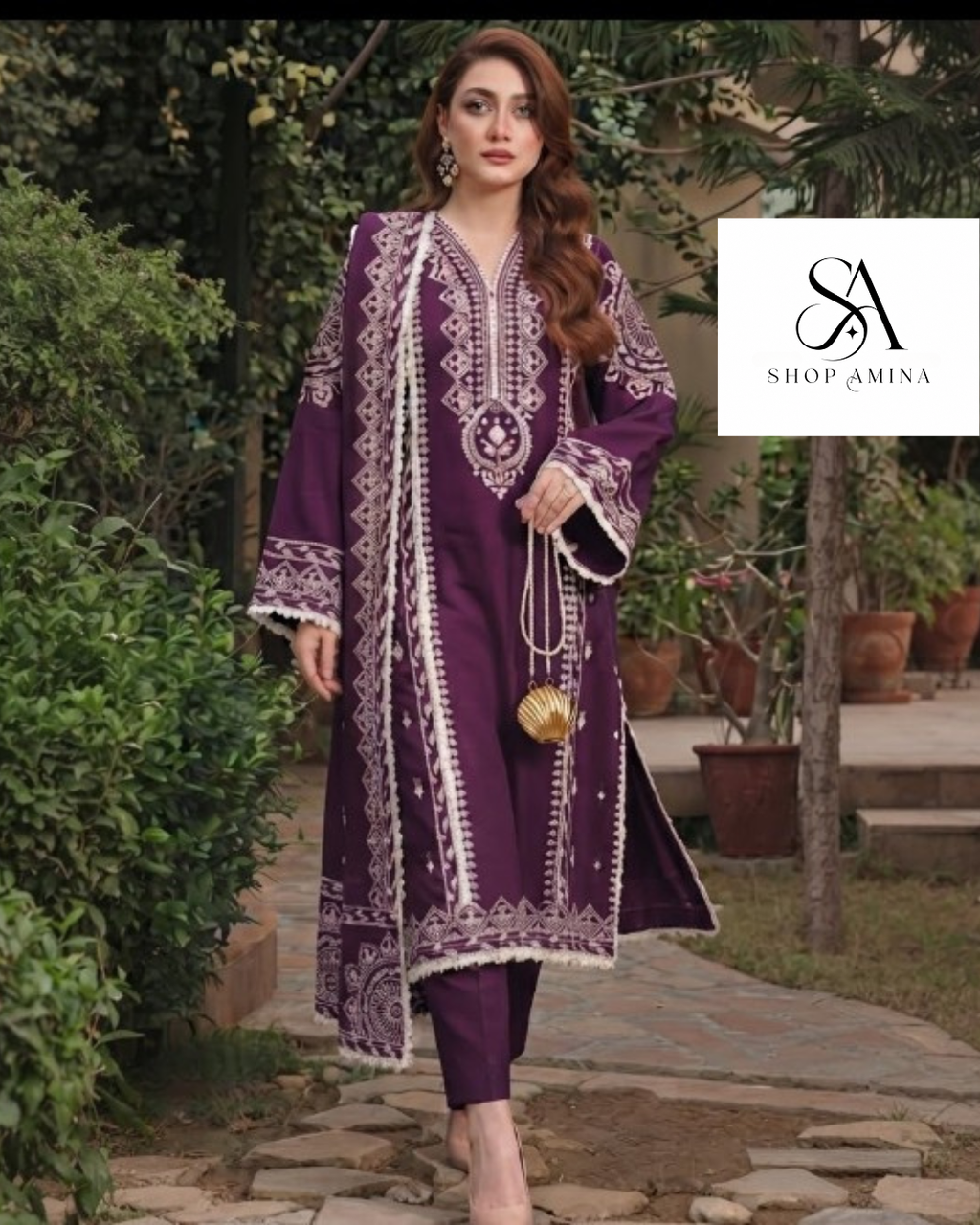 ANEELS Embroidered Dhanak Suit with Shawl!Amina's collection
