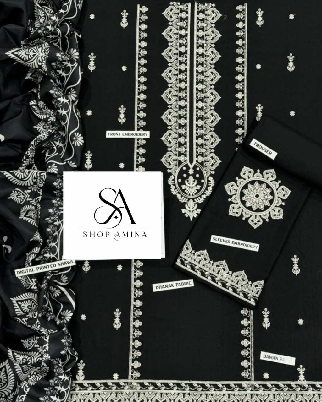 ANEELS Embroidered Dhanak Suit with Shawl!Amina's collection