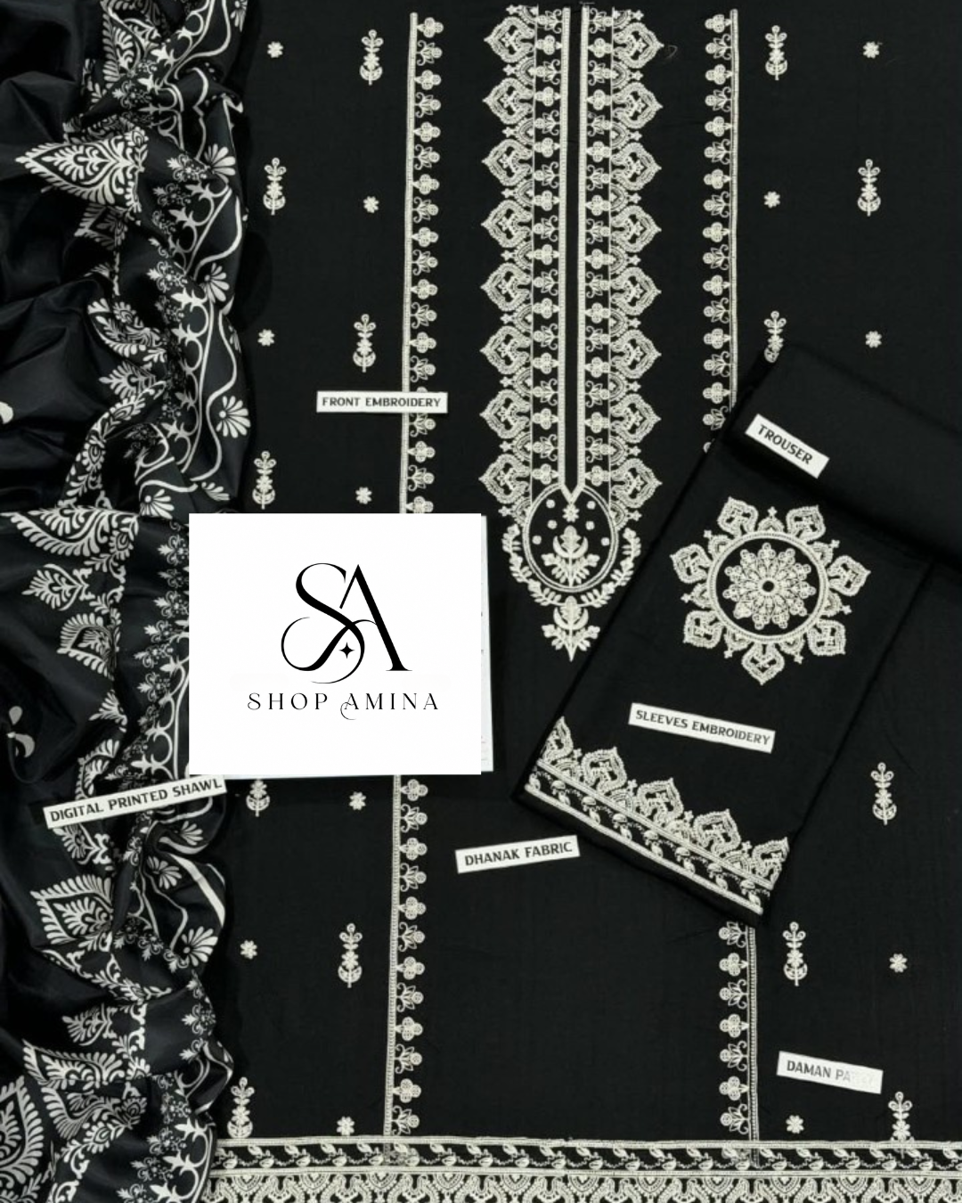 ANEELS Embroidered Dhanak Suit with Shawl!Amina's collection