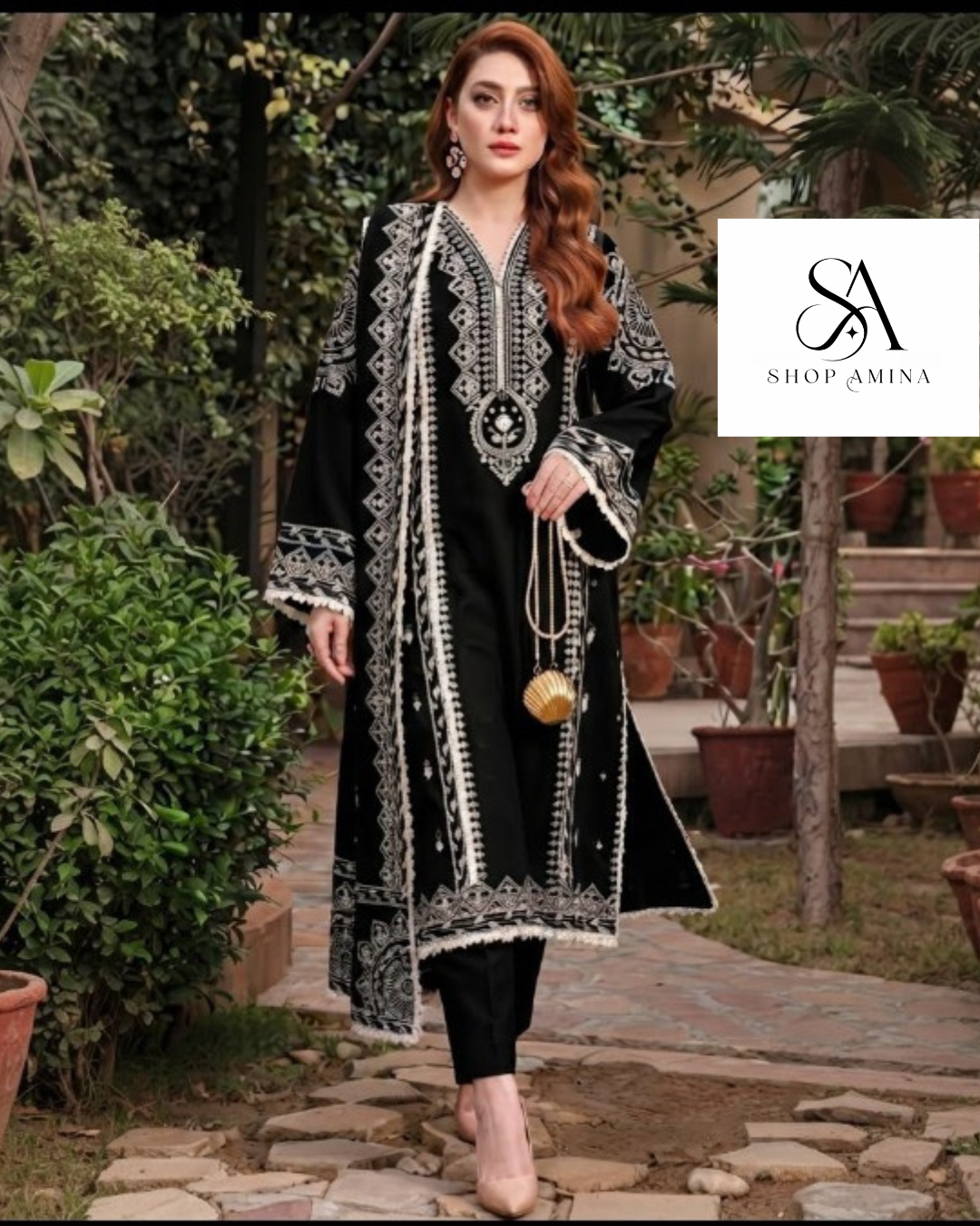 ANEELS Embroidered Dhanak Suit with Shawl!Amina's collection