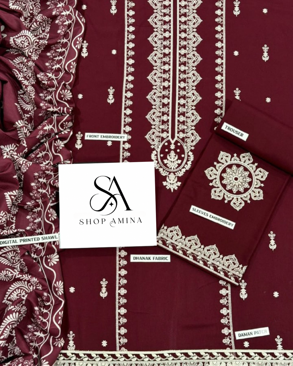 ANEELS Embroidered Dhanak Suit with Shawl!Amina's collection