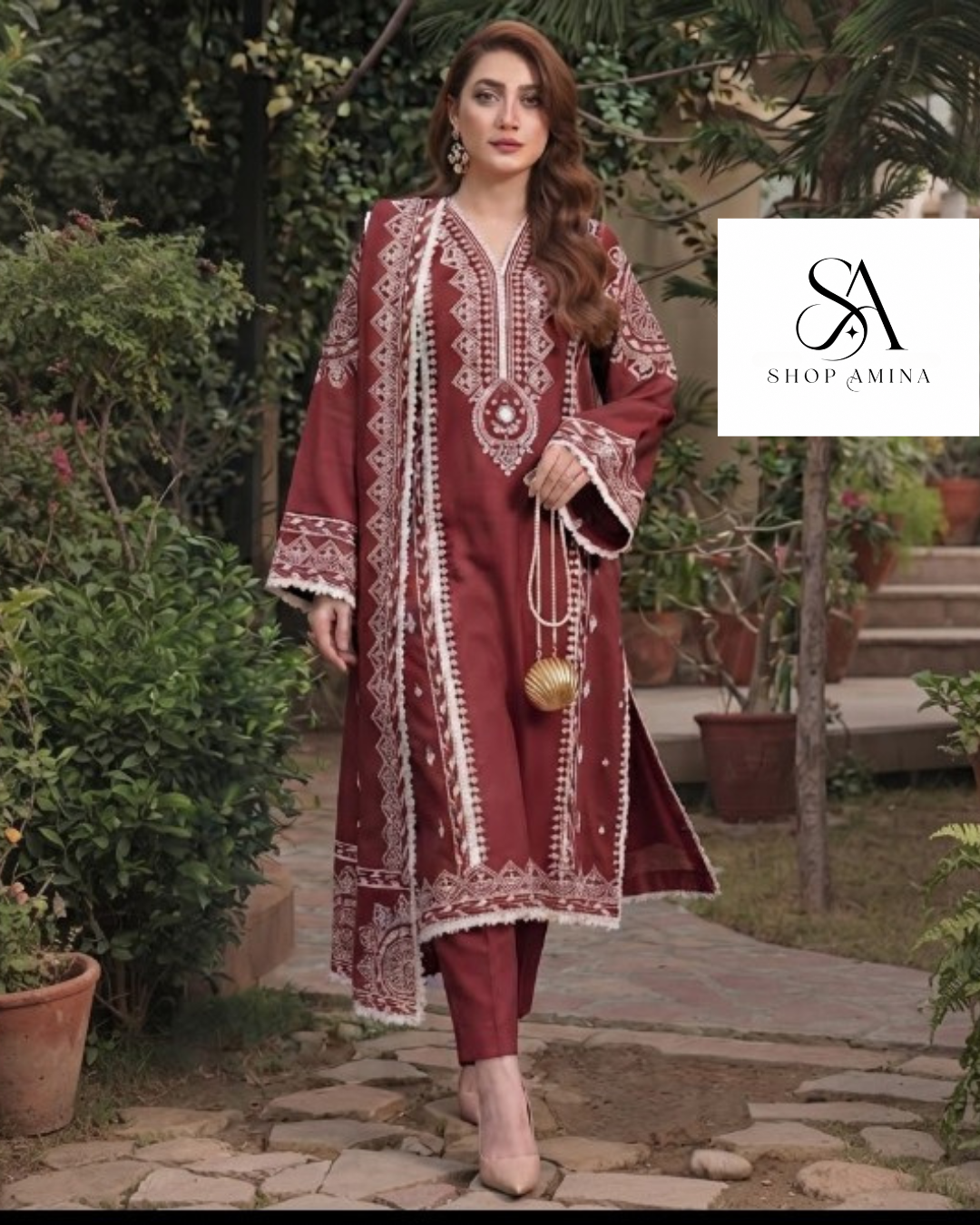 ANEELS Embroidered Dhanak Suit with Shawl!Amina's collection