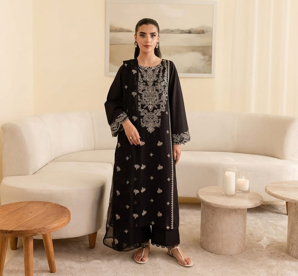 Bareeze Luxury Embroidered Dhanak Suit With Printed Shawl | Amina’s Collection