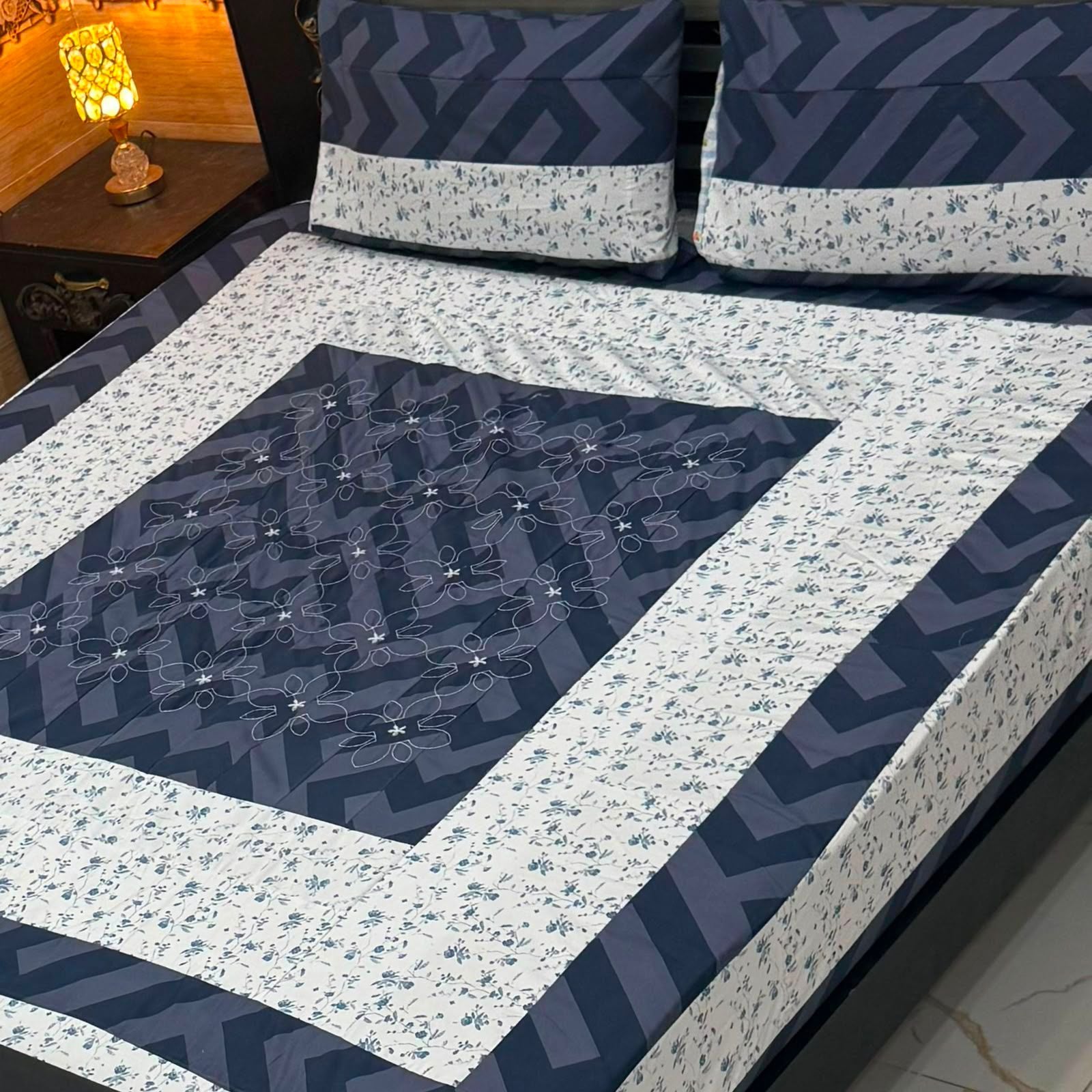 Amina's Collection Patch Work Printed King Size Cotton Bedsheet Set