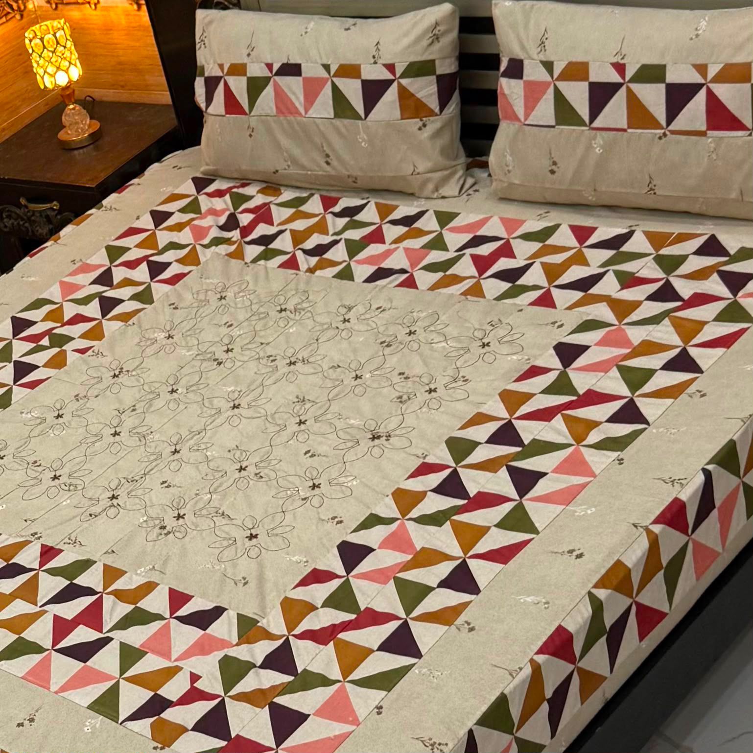 Amina's Collection Patch Work Printed King Size Cotton Bedsheet Set