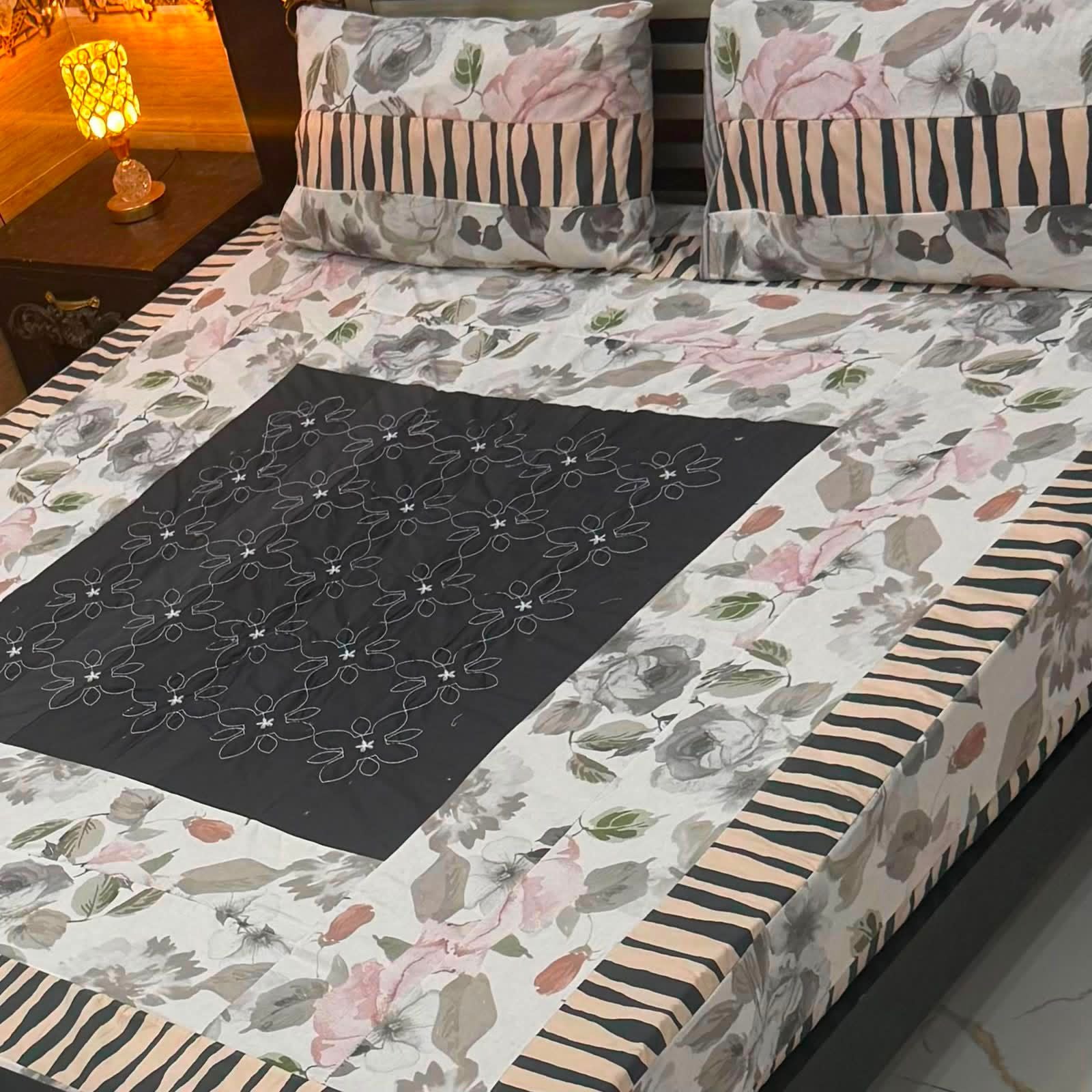 Amina's Collection Patch Work Printed King Size Cotton Bedsheet Set
