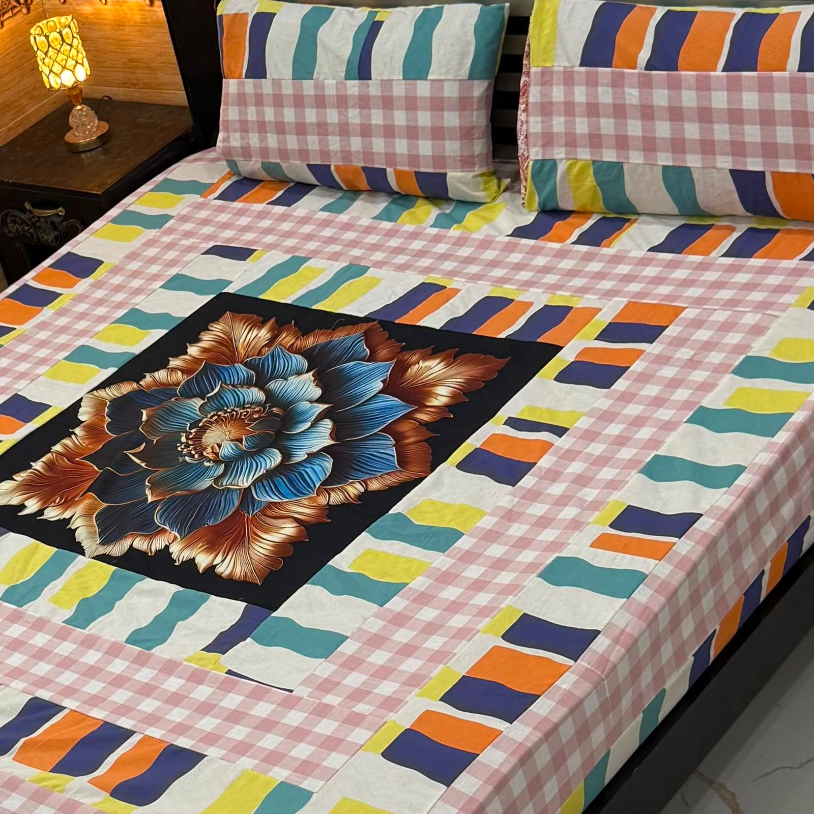 Amina's Collection Patch Work Printed King Size Cotton Bedsheet Set